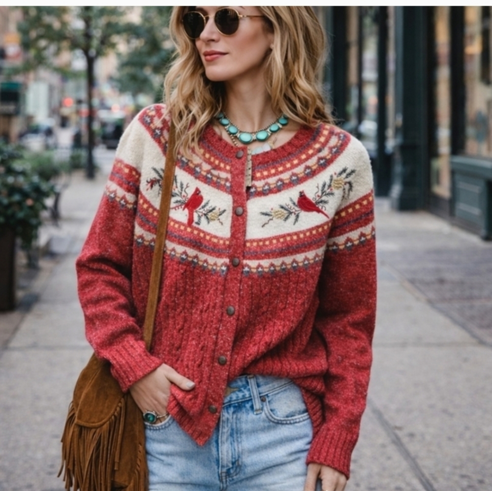 Vintage Cardinal Bird Fair Isle Knit Cardigan Sweater Cozy Cottagecore Winter